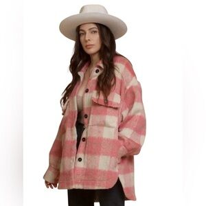 By Together Pink Tan Plaid Button Front Pockets Shirt Jacket Sz S